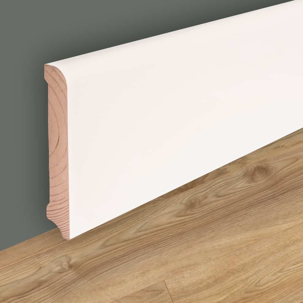 Massivholz Sockelleiste 608 weiß RAL 9010 abgerundetes Profil - Weiße  Sockelleiste | Holz Fußleiste und weiße Fußleisten